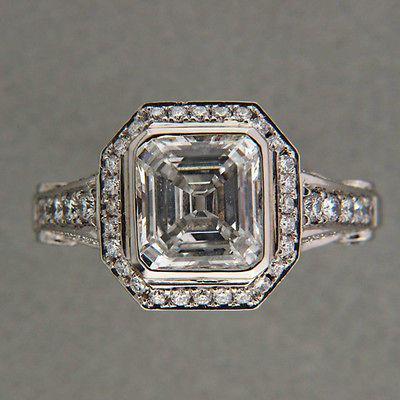 IDEAL ASSCHER DIAMOND 1.90CT F, VS2 PLATINUM MICRO PAVE FULL CUT RING