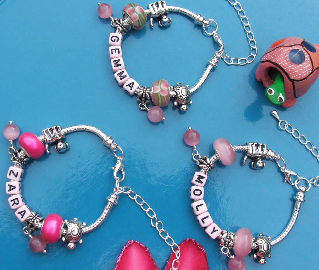 child or baby silver pinks charms name bracelet 6in 7in choices in