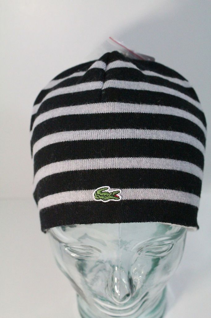 Lacoste Reversible 100% Wool Beanie Hat Black/Grey BNWT 100% Authentic