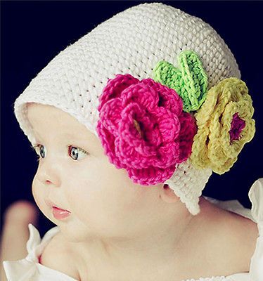 1PCs White Handmade Flower Cotton Knit Crochet Baby Beanie Hat Cap