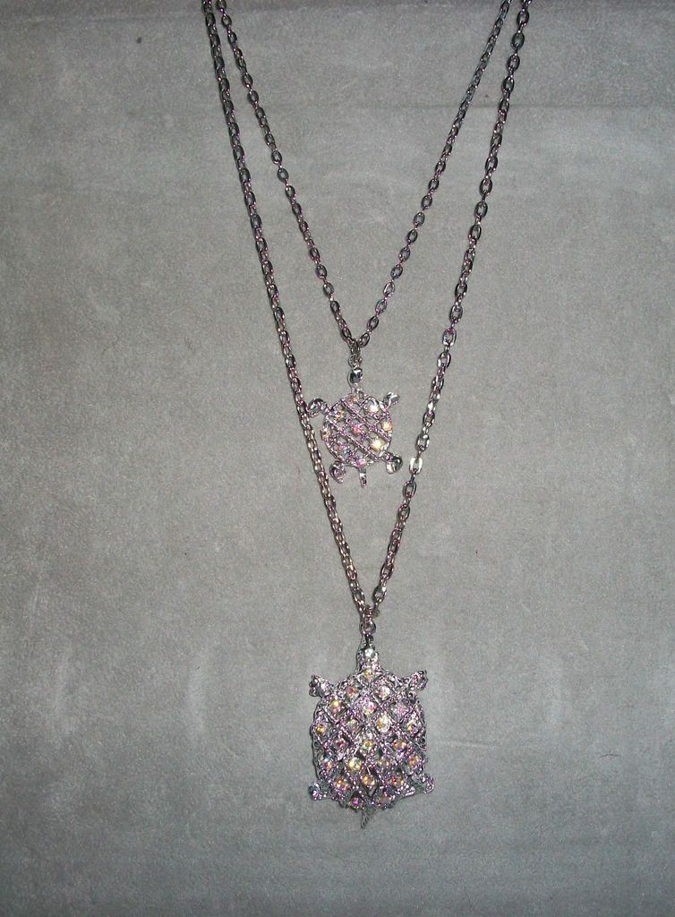 Estate Jewelry AB Crystals 2 strand RP Bib Necklace TURTLE & Baby