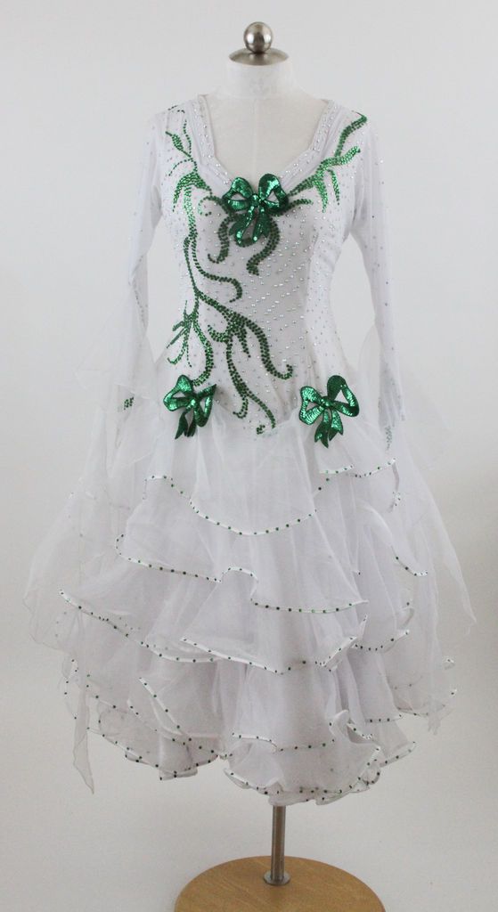 Competition Ballroom Dance Pageant Gown Dress M Green White Bows