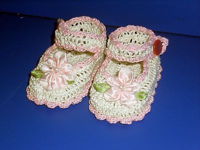 CROCHET BABY GIRL DOLL BOOTIES SHOES ANTIQUE WHITE & PINK MJ
