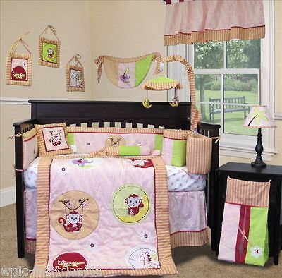 Custom Baby Bedding Girl Crib Set    Jungle Monkey   Pink 13 PCS