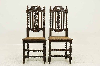 Pair Antique Scottish Carved Oak Barley Twist Hall Chairs