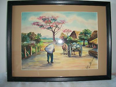 VINTAGE LATIN AMERICAN ART WATERCOLOR SIGNED M. NAVAS PAINTING VILLAGE