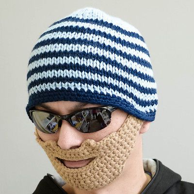 Beard Hat blue Head Knit Beanie Cap Handmade Crochet Mustache Ski
