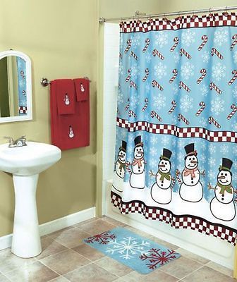 Snowman Frosty Snowflake Red Shower Curtain Bath Rug Towels Hooks