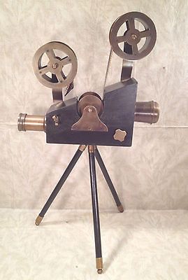 Vintage Movie Film Projector on Tripod Brass and Wood Decorative