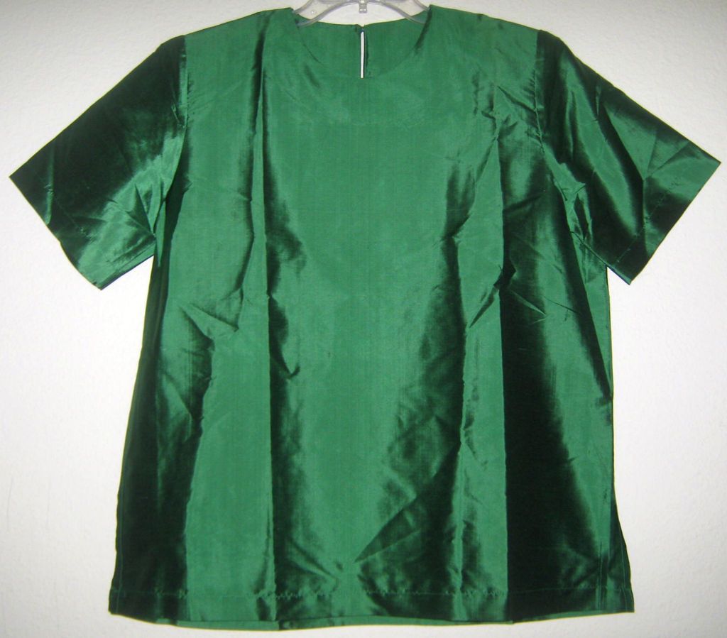 THAI SILK Retro Vtg Thailand GREEN Iridescent Taffeta Blouse Tunic