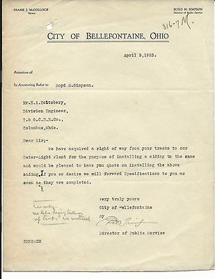 1923 CITY OF BELLEFONTAINE OHIO LETTERHEAD MCCOLLOCH MAYOR