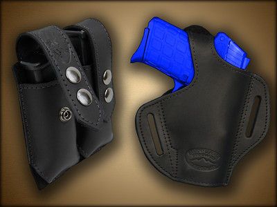 Black Leather Pancake Holster + DBL Mag Pouch Bersa Thunder 380 32ACP