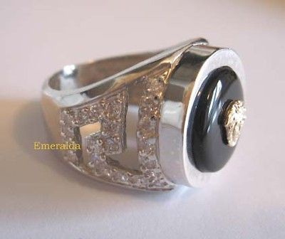 Black Onyx 10K Gold Medusa Head Versace 925K Sterling Silver Ring w