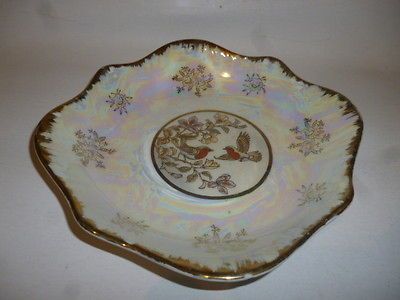 VINTAGE OPALESCENT DISH BIRD MOTIF GOLD TRIM HAND PAINTED 7SQ SIMILAR