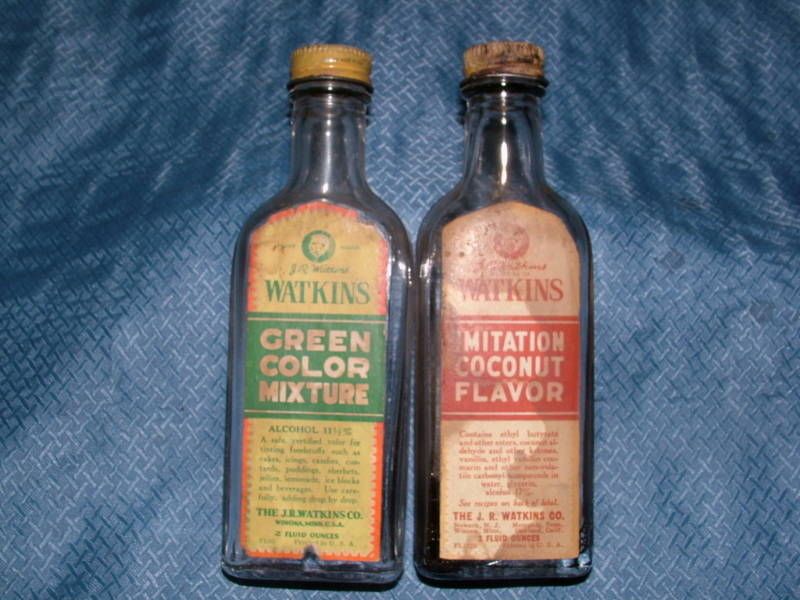 VINTAGE 2 WATKINS WINONA MINN MIXTURE & FLAVOR BOTTLES