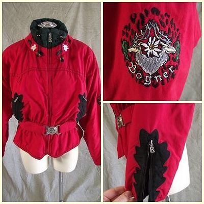 Red Embroidered Stag Poinsetta Velvet BOGNER Ski Snowboard Jacket M L