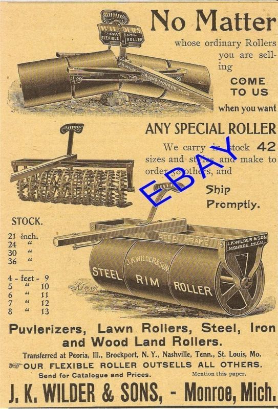 1899 WILDER LAWN & LAND ROLLER PULVERIZER AD MONROE MI