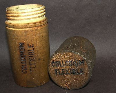 OLD PATENT MEDICINE BOTTLE CONTAINER WOOD SCREW TOP COLLODIUM FLEXIBLE