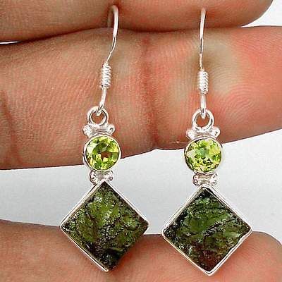 MOLDAVITE SQUARE PERIDOT 925 SILVER CHRISTMAS GIFT EARRINGS R6324