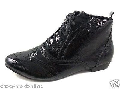 LADIES BLACK PATENT LACE UP BROGUES FLAT PIXIE RETRO ANKLE BOOTS 3 4 5