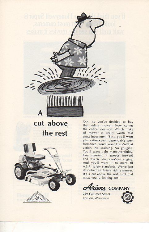 Brillion WI Ariens Co Riding Lawn Mower Vintage Print Ad 1967