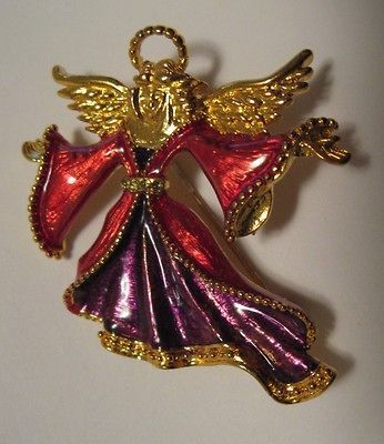 CHRISTOPHER RADKO GOLD TONE ENAMEL & RHINESTONE CHRISTMAS ANGEL BROOCH