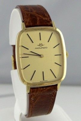 MENS 18K YELLOW GOLD VINTAGE RECTANGLE MOVADO BROWN CROCODILE WATCH