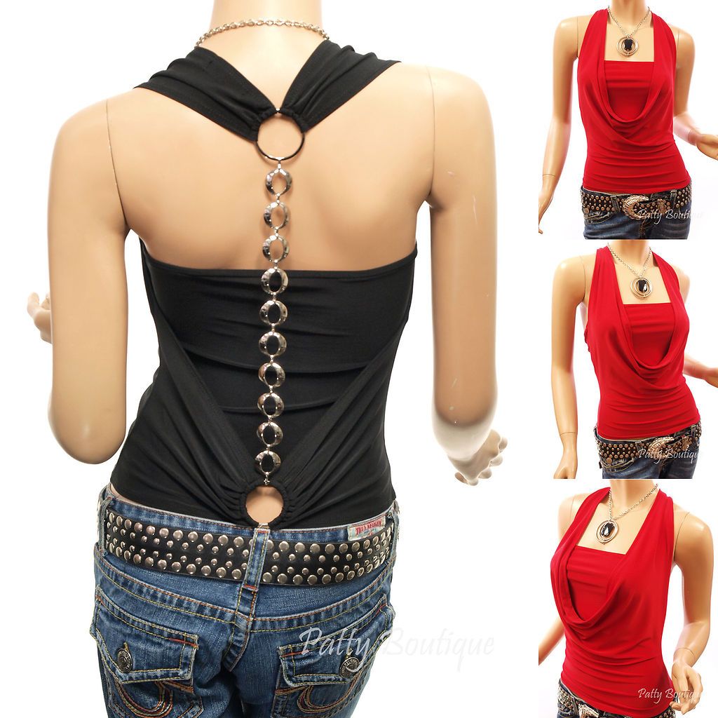 Cowl Neck Backless Chain Draping Halter Tops