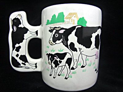 Cow and Calf Mug Farm House Trees Cow Shaped Handle 12 oz Excellent