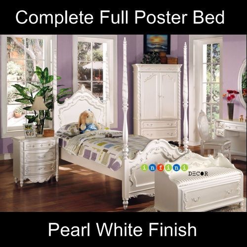 White Full Size Poster Canopy Bed Set Children Bedroom