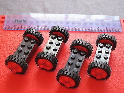 Lego Car / Truck 8 x RED Wheels with Black Rubber Tyres + 4 x Black