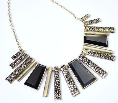 Aztec Grecian Black Bib Collar Necklace Vintage Statement Retro Bronze