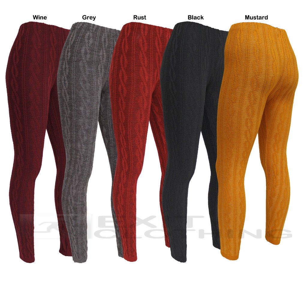 WOMENS CABEL KNITTED CHUNKY KNIT LEGGINGS RUST GREY WINE BLACK MUSTARD