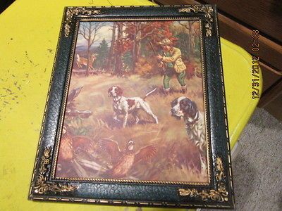 old hunting picture, hunter, dogs,quail and a deer