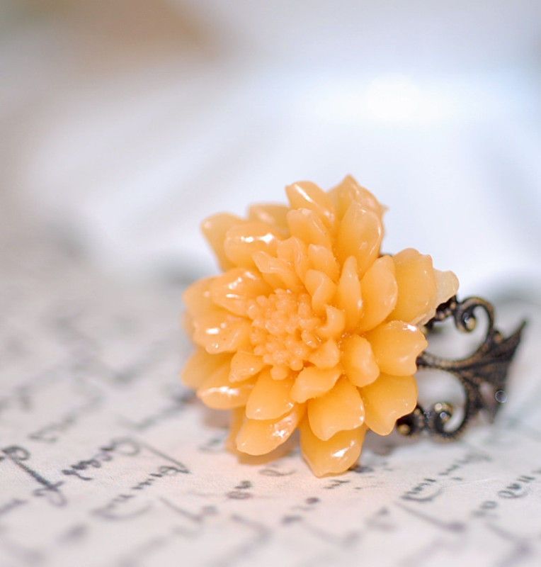 Tangerine Chrysanthemum Blossom Adjusable Brass Ring