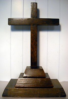 OLD CHURCH WOOD CROSS ON BASE PODIUM DISPLAY