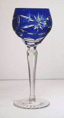 Hungarian Crystal Cobalt Blue Cut to Clear Glass Wine Goblet 8 1/4