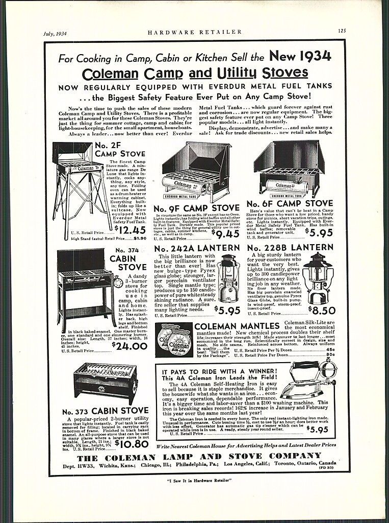 1934 AD Coleman Cabin Camp Stove Lanterns Gas Iron