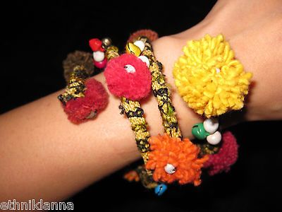 Handmade Bracelet Fabric With Pom Poms & Nice Bead by HMONG Thailand