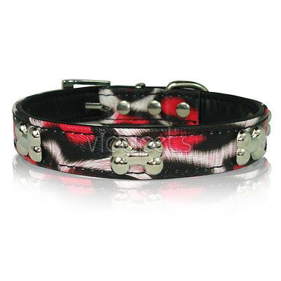 17 21 Hot Pink & white black Leather Dog collar Large L Medium