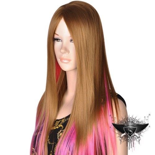 GW547 Brown Light Red Mixed Long Straight Dazzling Layered Periwig