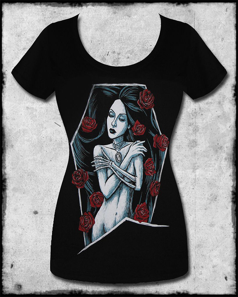 AKUMU INK COFFIN GIRL WOMENS BLACK RED HORROR GOTH TATTOO SCOOP NECK T