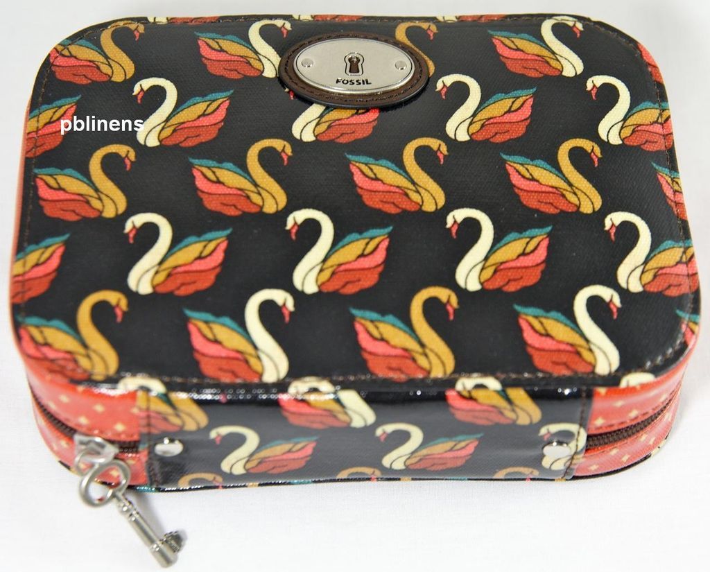 FOSSIL KEY PER MAKEUP CASE BLACK MULTI SWAN OIL CLOTH COSMETIC PURSE