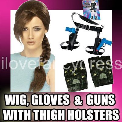 LARA CROFT FANCY DRESS WIG HOLSTERS GUNS & GLOVES KIT INSTANT