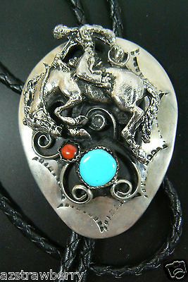 Silver Turquoise Coral Bolo Tie black cord necklace Cowboy Lasso Horse