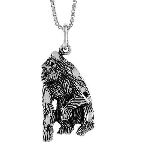 Sterling Silver Silverback Gorilla Pendant,Charm, 18 inch Box Chain