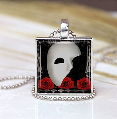 Phantom of the Opera Mask Rose Glass Pendant Necklace