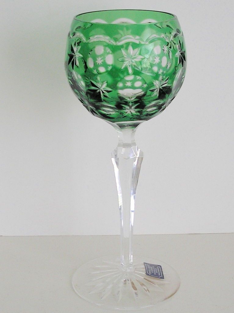 AJKA GALAXY EMERALD GREEN CASED CUT TO CLEAR CRYSTAL WINE GOBLET