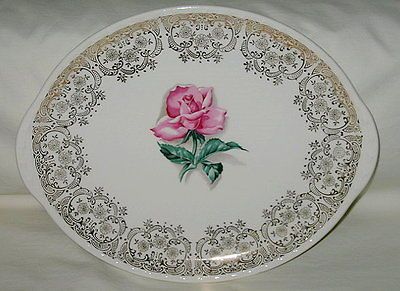 Crooksville China USA Pink Rose w/Gold Filigree Design Oval Platter