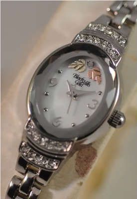 Ladies Black Hills Gold Silvertone Crystal 12K Pink Gold Flowers Watch